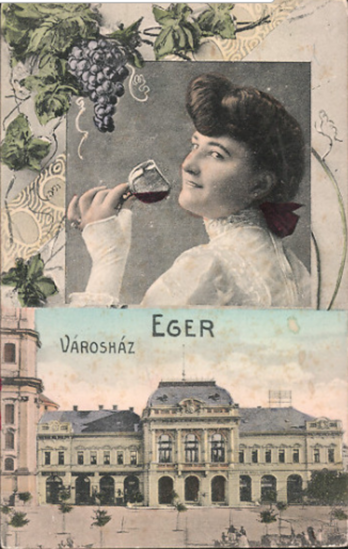 Old postcard with the red wine of Eger