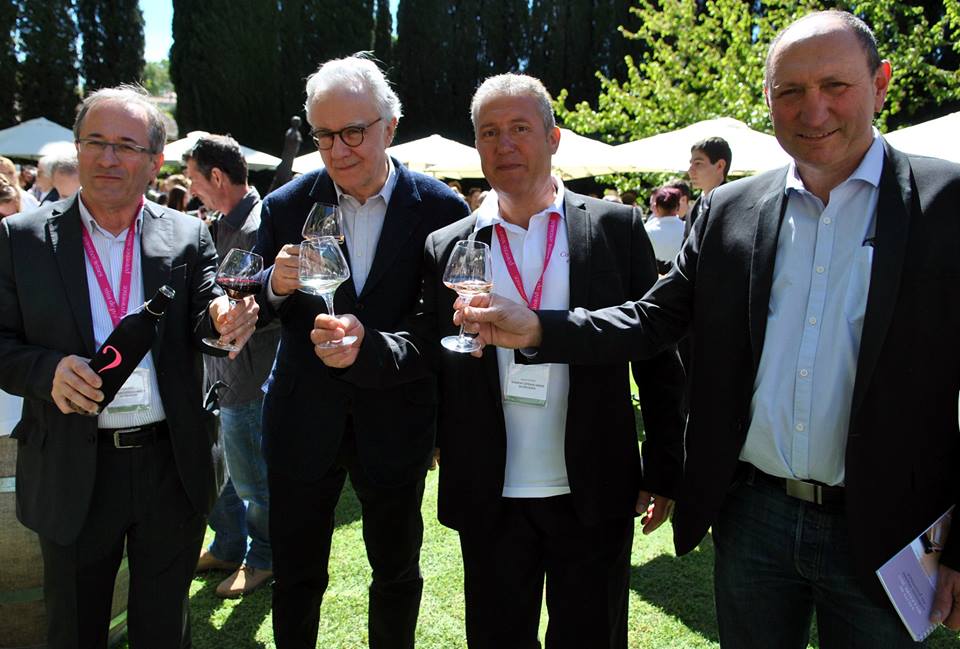 left to right: Philippe Bréban, director of the Syndicat des Vins Coteaux Varois en Provence; Alain Ducasse; Pascal Cortez, president of the Syndicat des Vins Coteaux Varois en Provence; Alain Baccino, président du Conseil Interprofessionnel des Vins de Provence