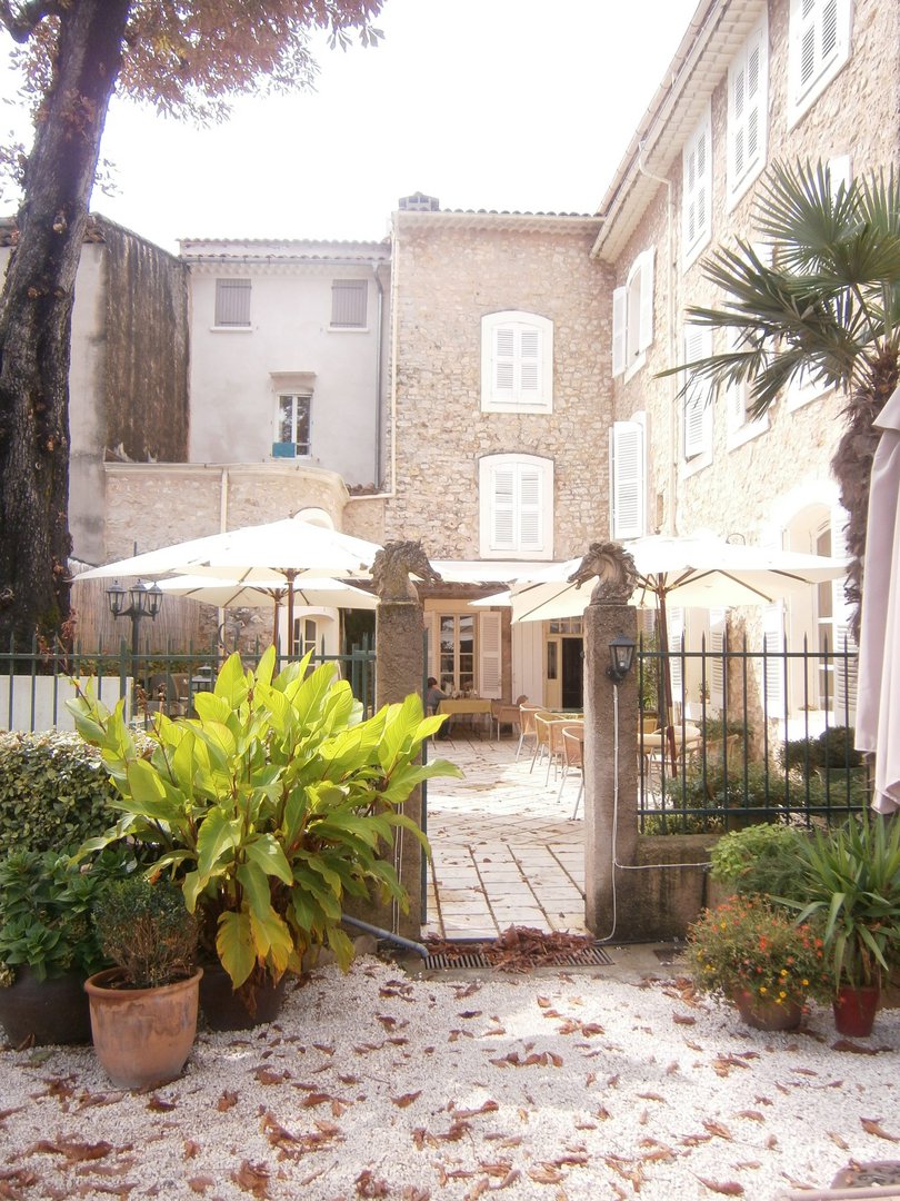 Looking from the garden to courtyard and house